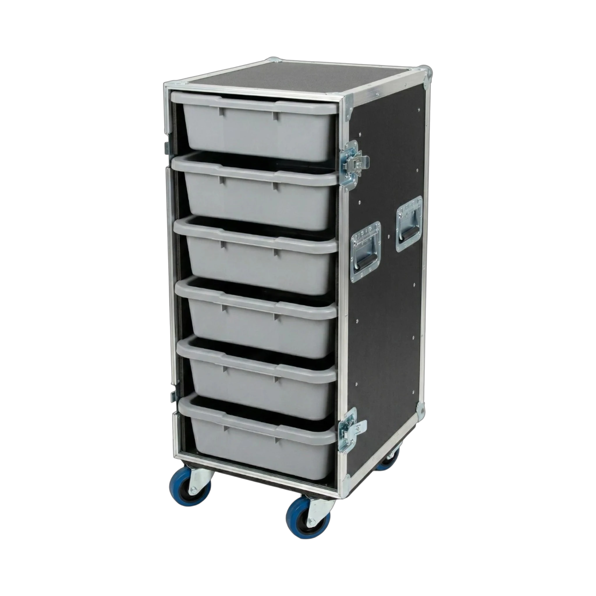 Black 6 Small Tub Drawer ATA Case 3/8" Ply With Lid Table & Wheels, interior showing tub drawer storage