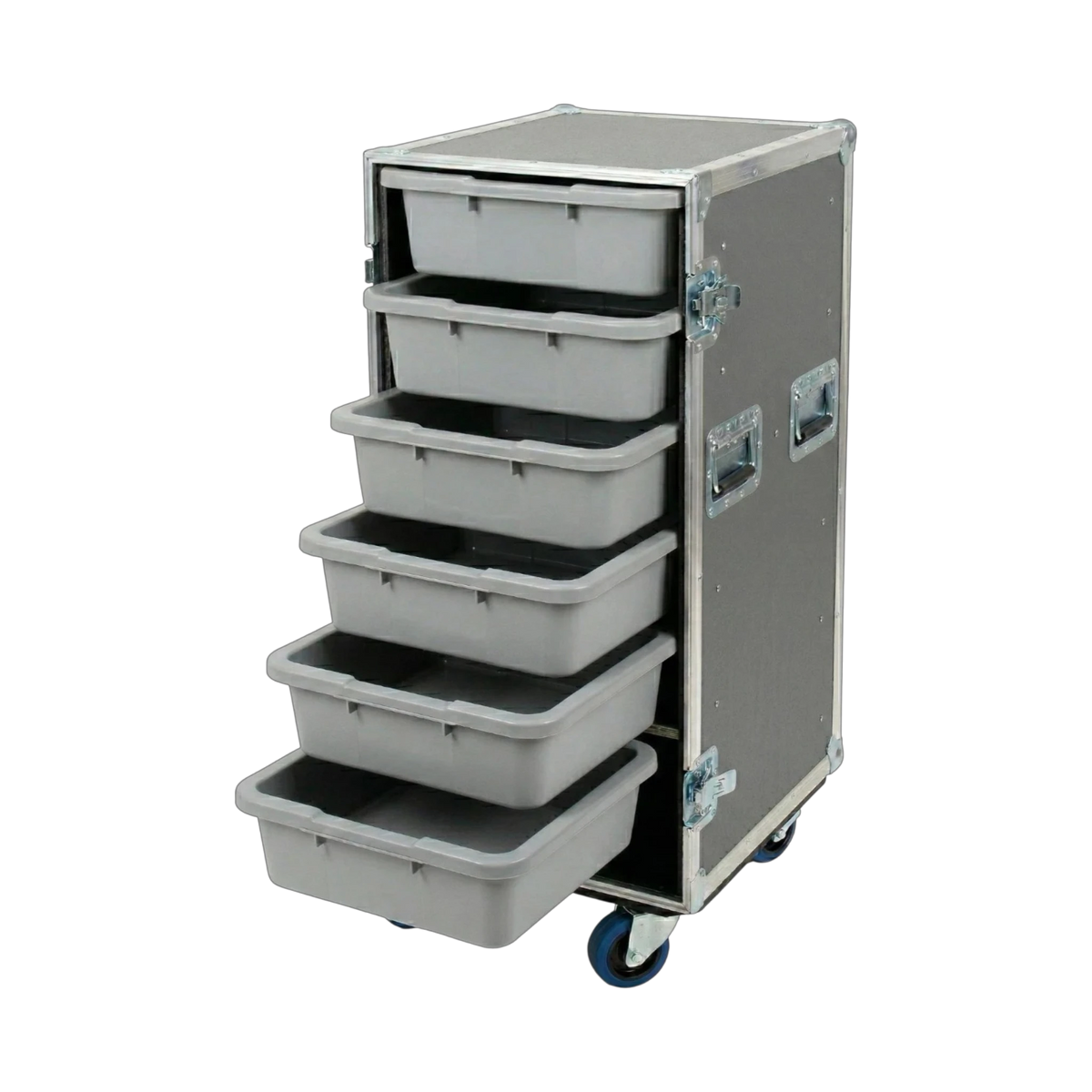 Gray 6 Small Tub Drawer ATA Case 3/8" Ply With Lid Table & Wheels, open view showing open tub drawers