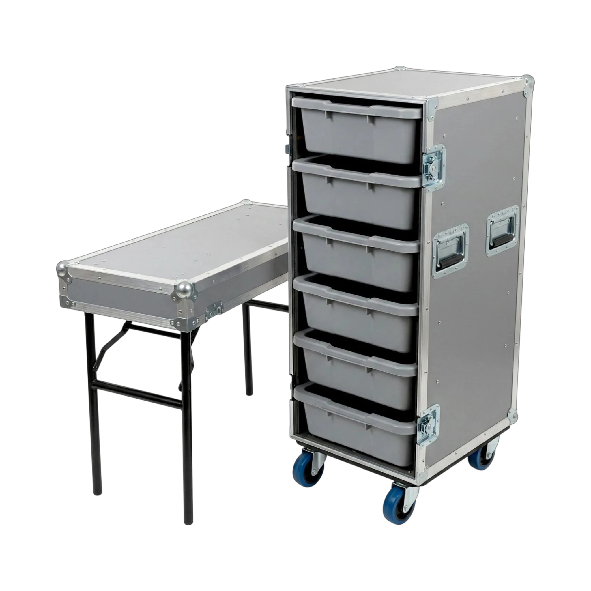 Gray 6 Small Tub Drawer ATA Case 3/8" Ply With Lid Table & Wheels, open view showing lid table and tub drawers