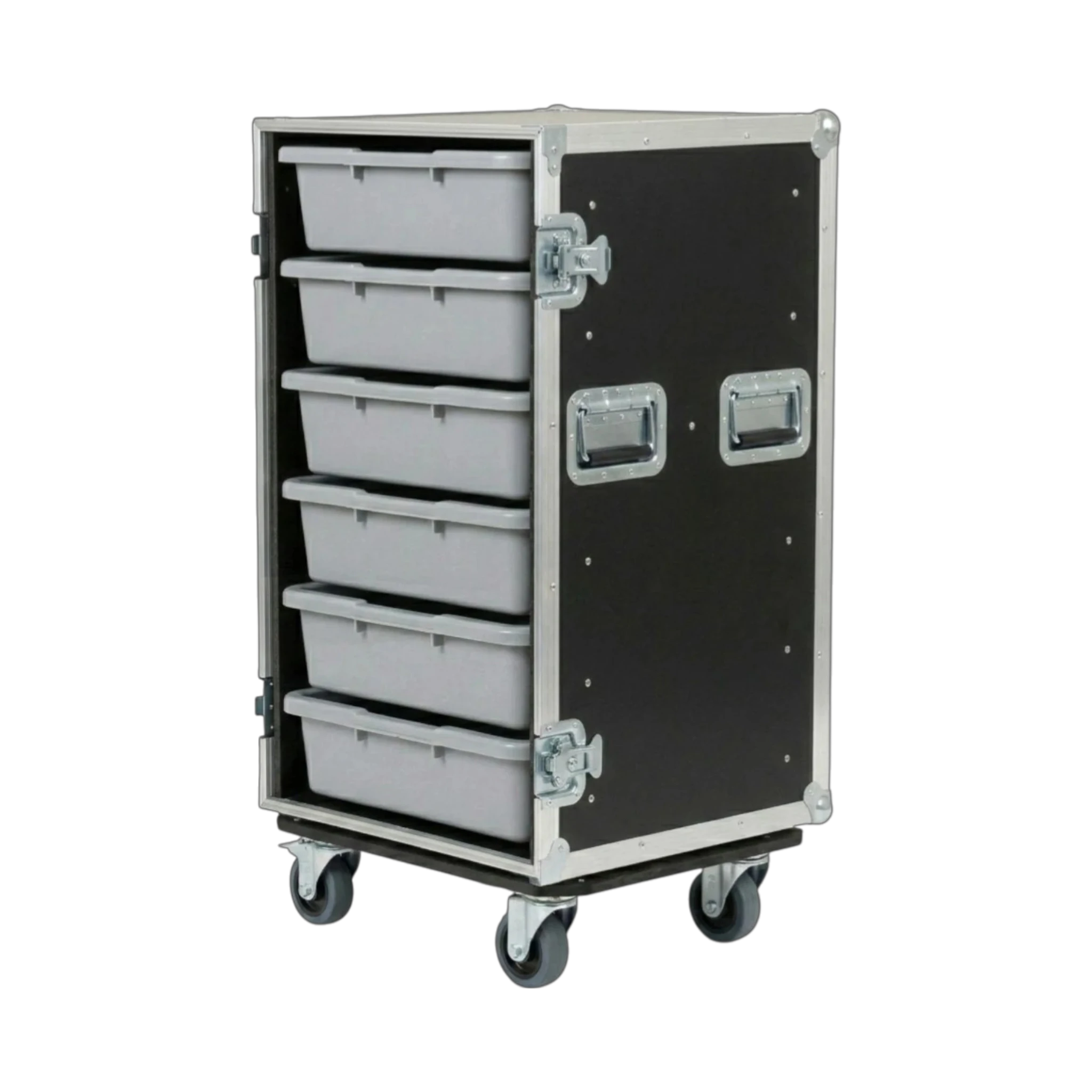 Black 6 Small Tub Drawer ATA Case 3/8" Ply With Wheels, interior showing tub drawer storage