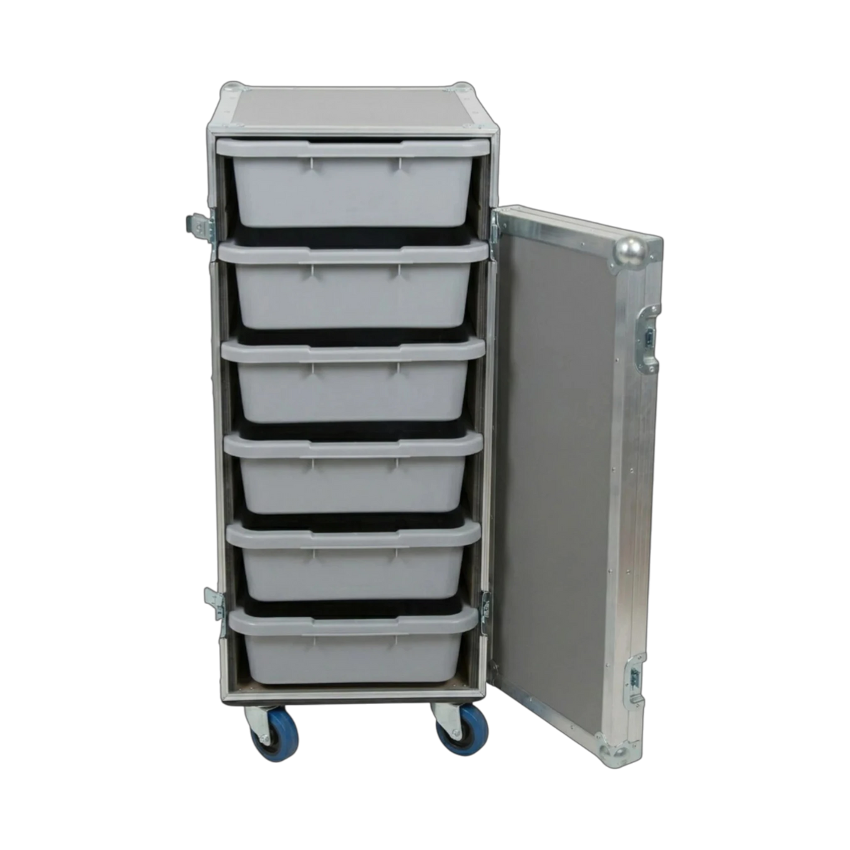 Gray 6 Small Tub Drawer ATA Case 3/8" Ply With Wheels, open lid showing tub drawer storage