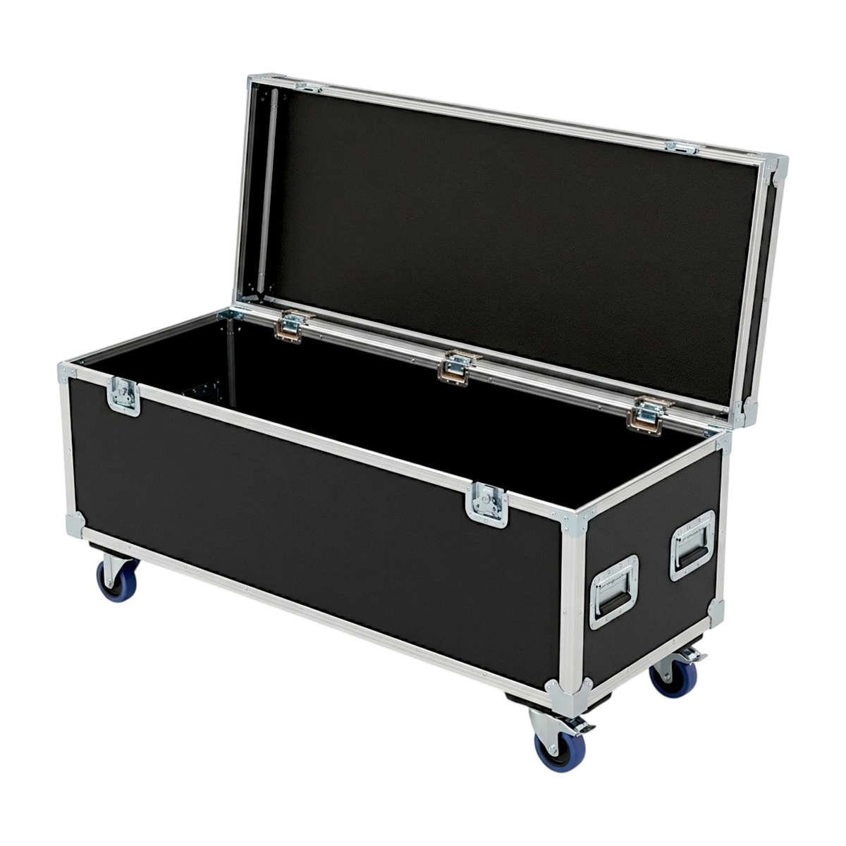 Black extra long ATA cable trunk, open view showing bare wood interior finish and blue swivel casters