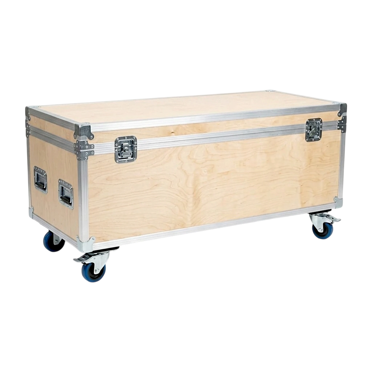 Natural wood extra long ATA cable trunk, closed angled view showing latches, handles, and blue casters