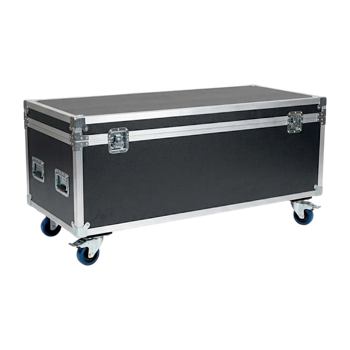 Black extra long ATA cable trunk, closed angled view showing latches, handles, and blue casters