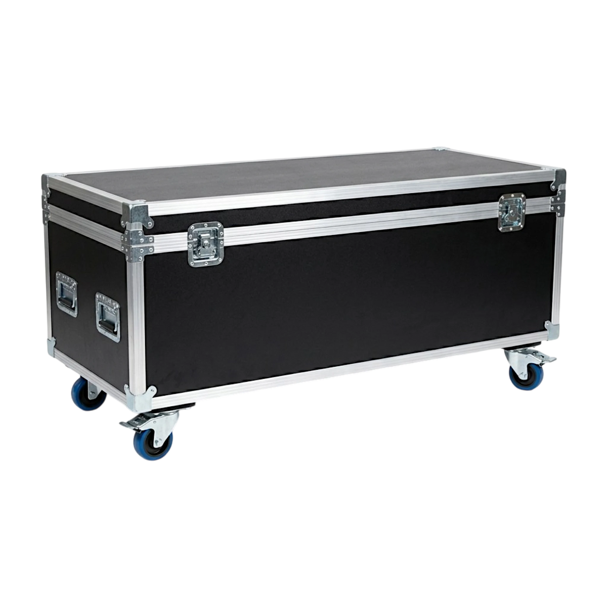 Black 60" x 22" Extra Long ATA Cable Trunk 20" High with Wheels, closed angled view showing latches and blue casters