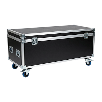 Black 60" x 22" Extra Long ATA Cable Trunk 20" High with Wheels, closed angled view showing latches and blue casters