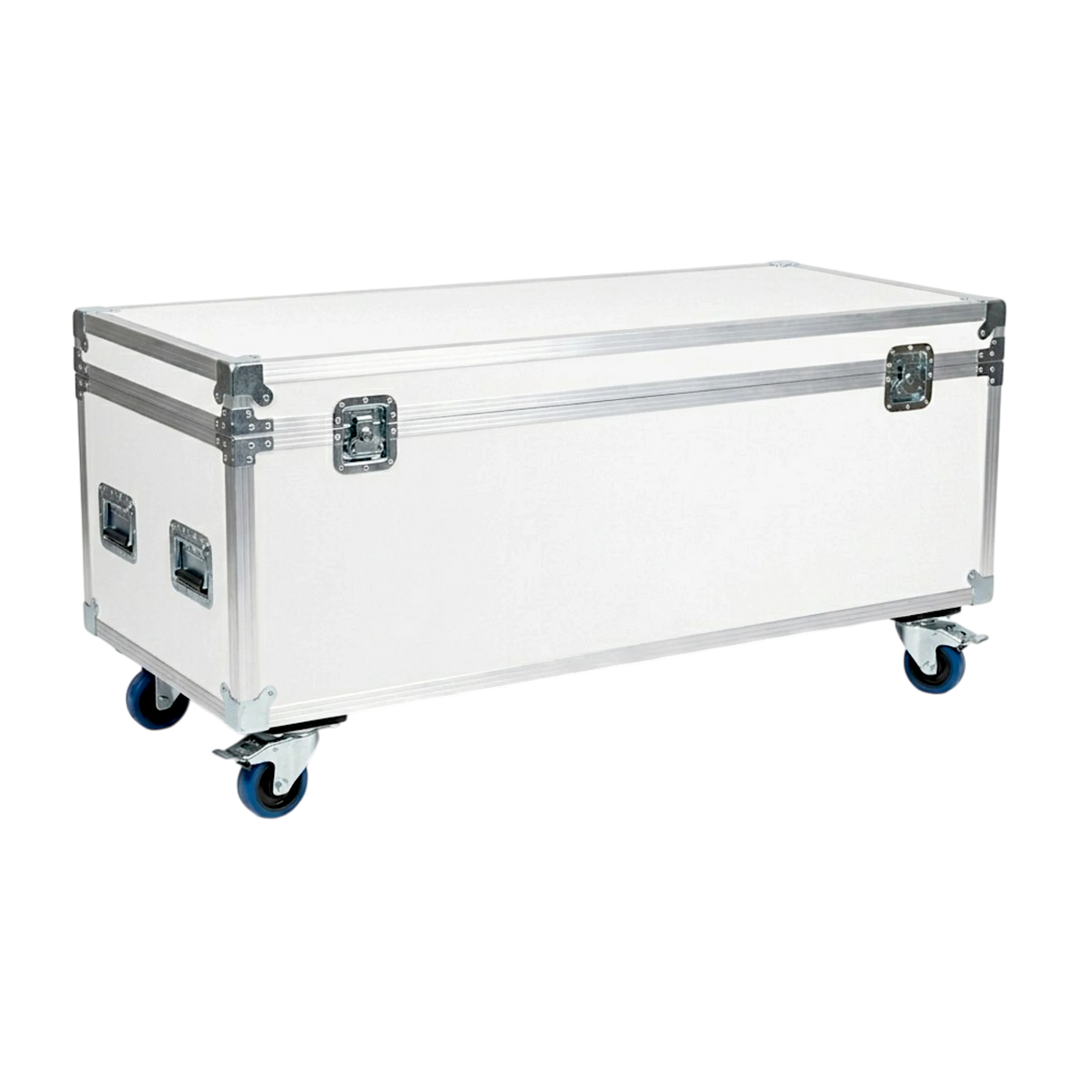 White extra long ATA cable trunk, closed angled view showing latches, handles, and blue casters