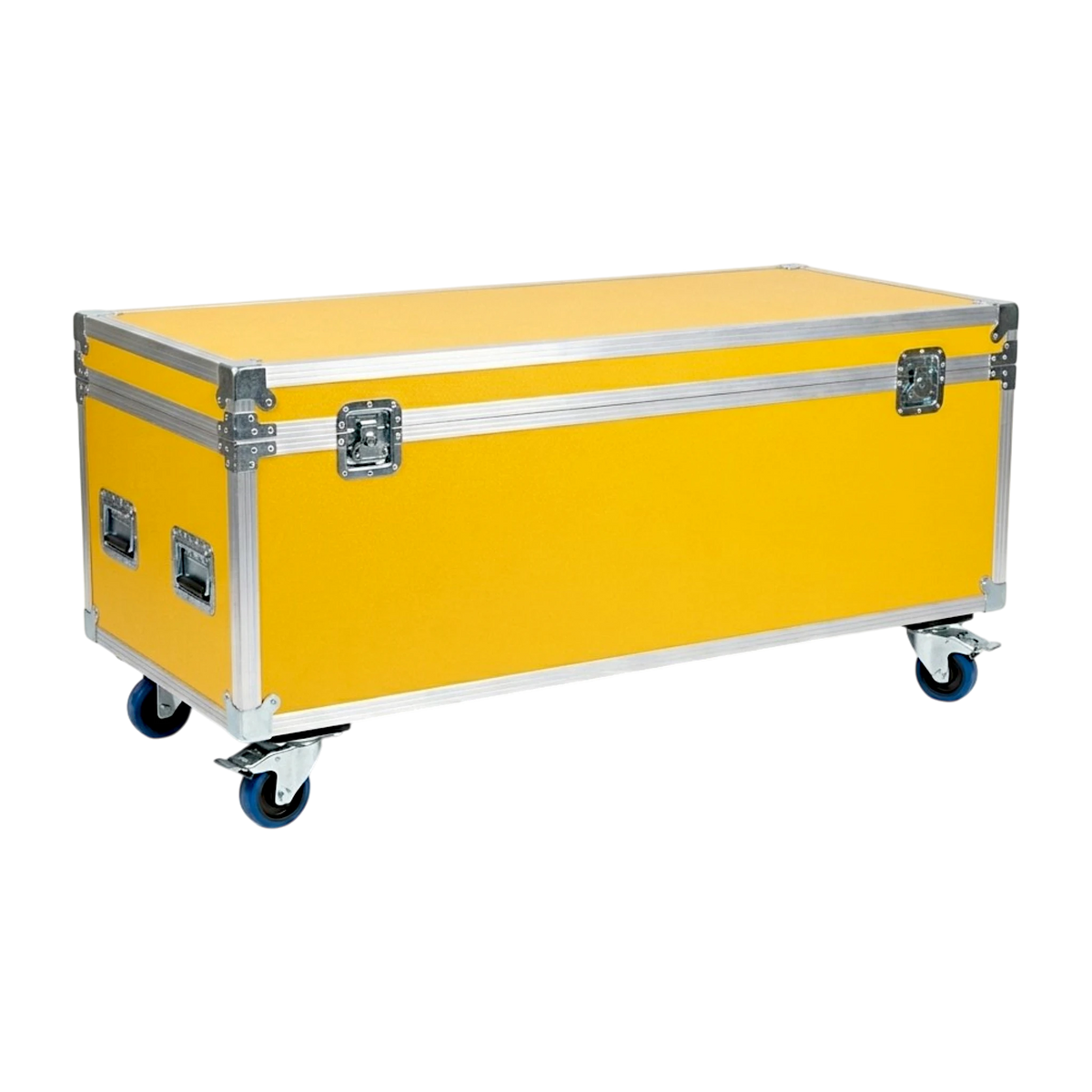 Yellow extra long ATA cable trunk, closed angled view showing latches, handles, and blue casters