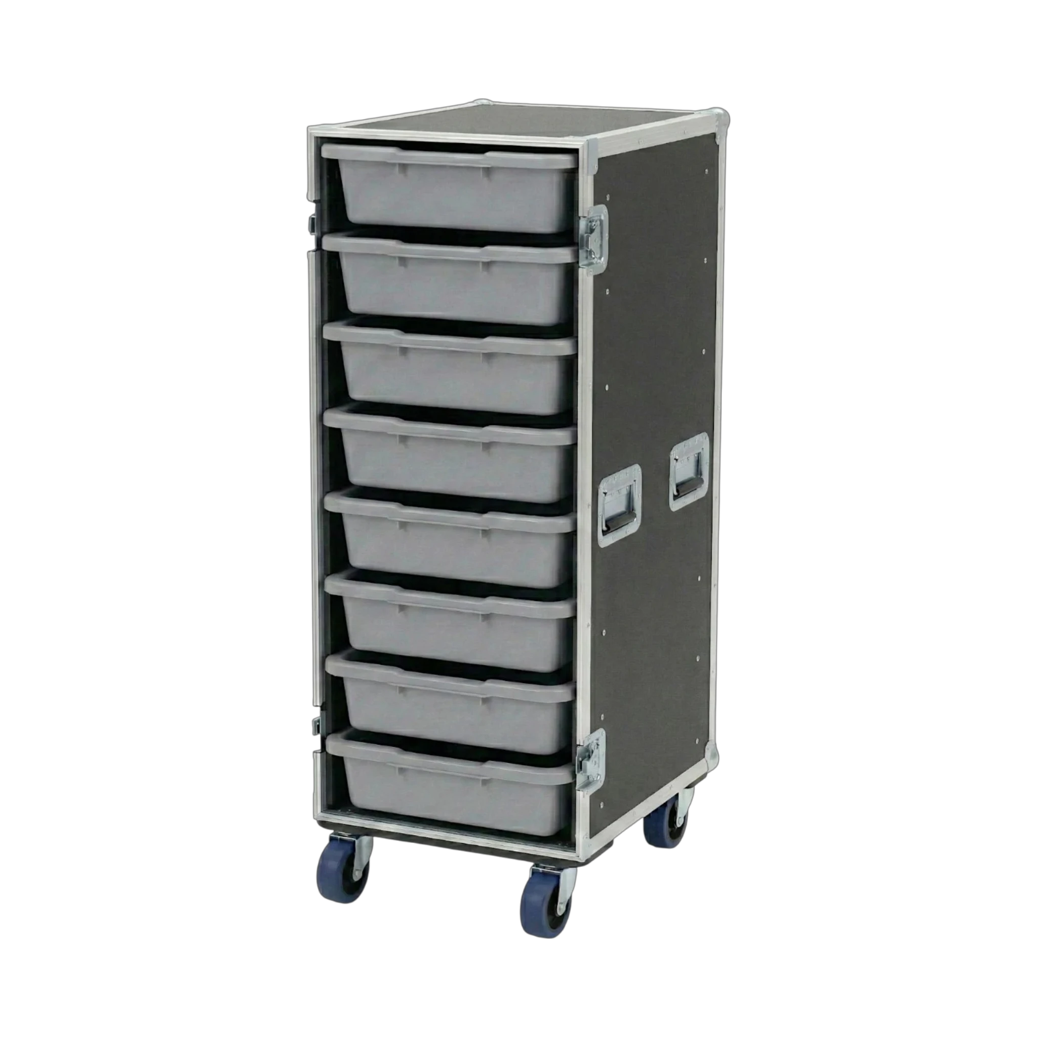 Black 8 Small Tub Drawer ATA Case 3/8" Ply With Wheels, interior showing tub drawer storage