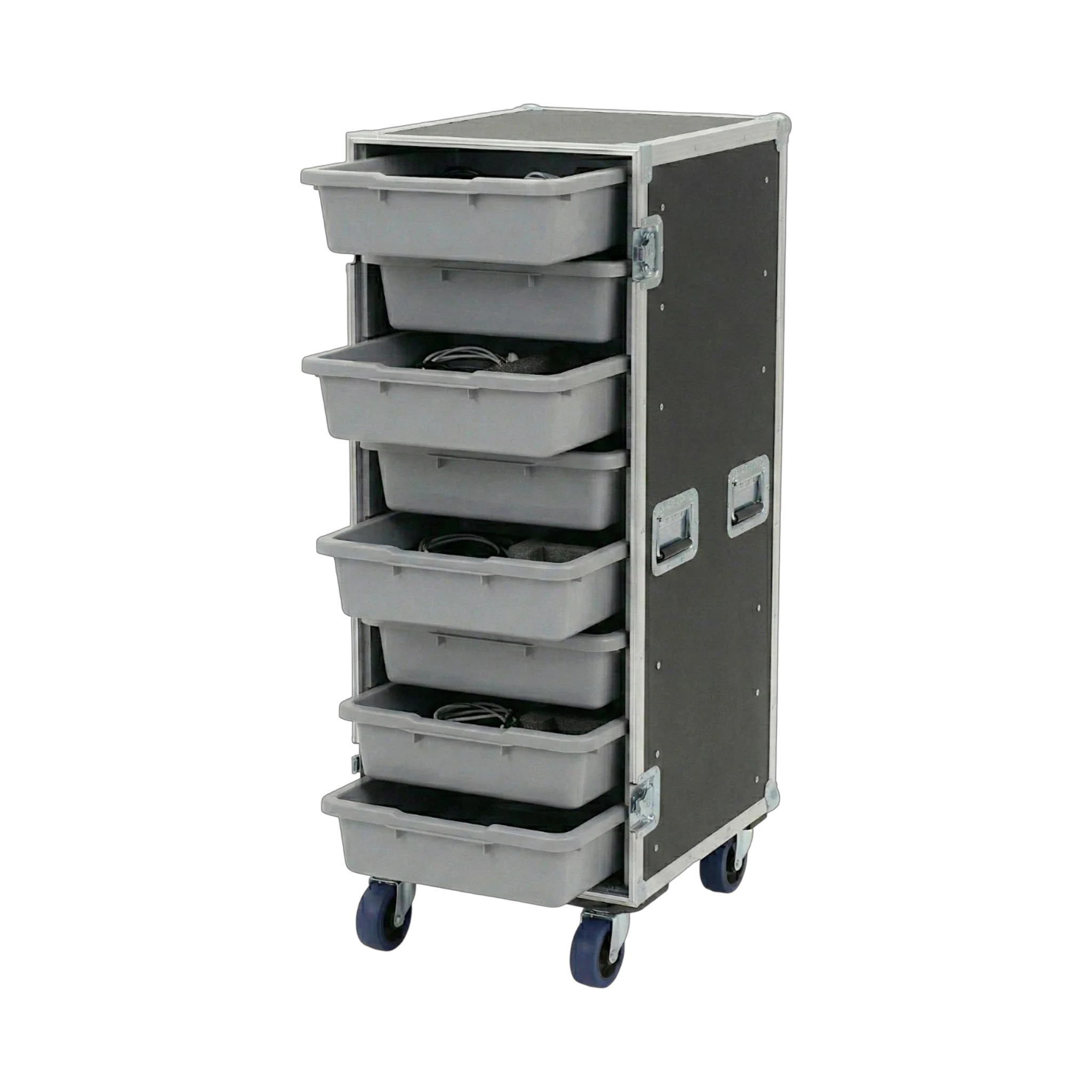 Black 8 Small Tub Drawer ATA Case 3/8" Ply With Wheels, open view showing open tub drawers