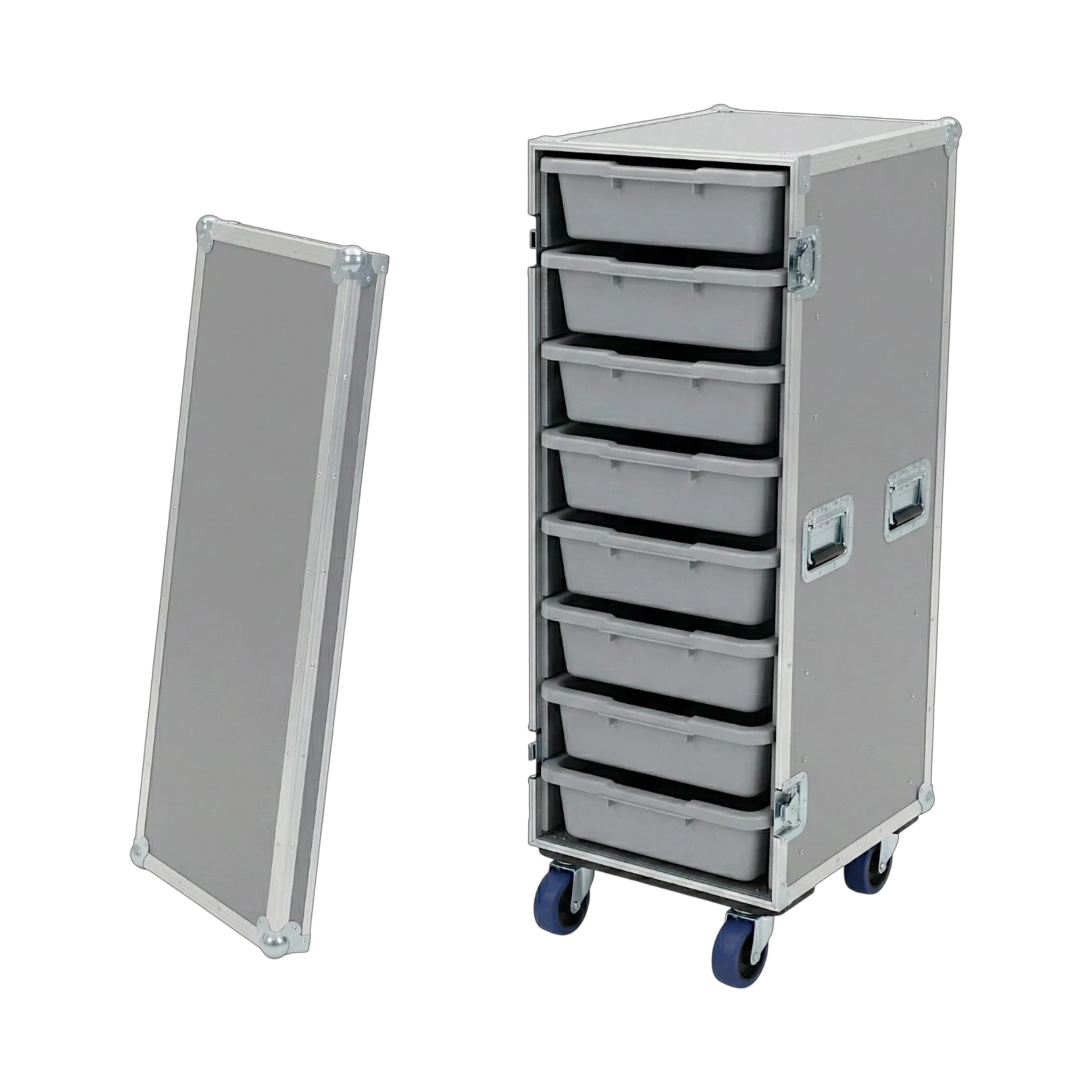 Gray 8 Small Tub Drawer ATA Case 3/8" Ply With Wheels, open view showing tub drawers