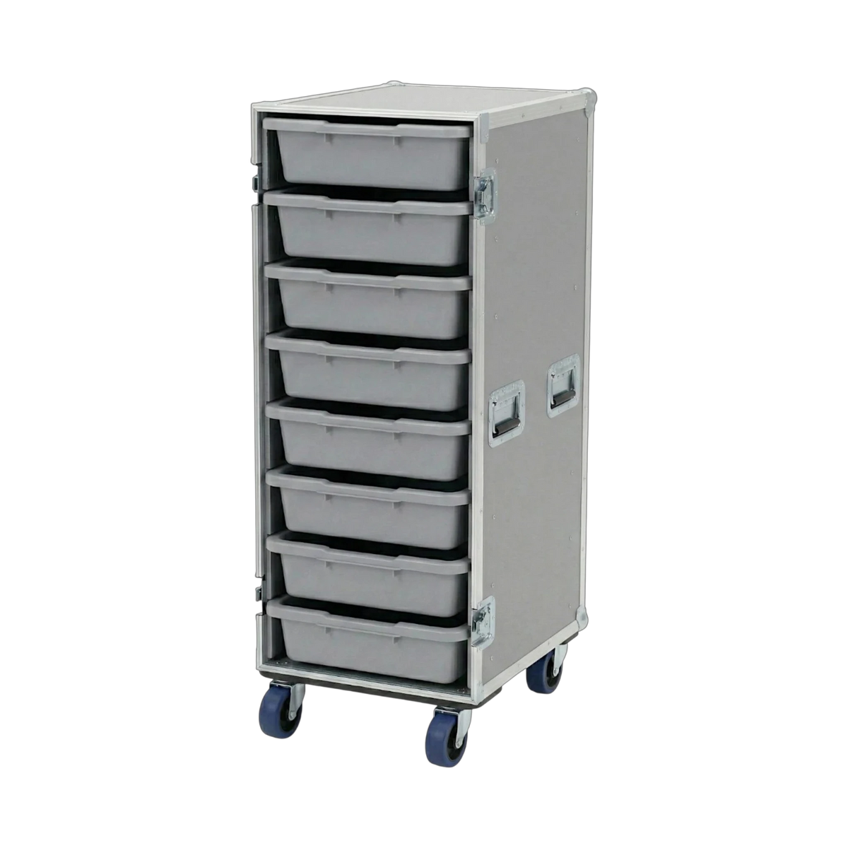 Gray 8 Small Tub Drawer ATA Case 3/8" Ply With Wheels, interior showing tub drawer storage