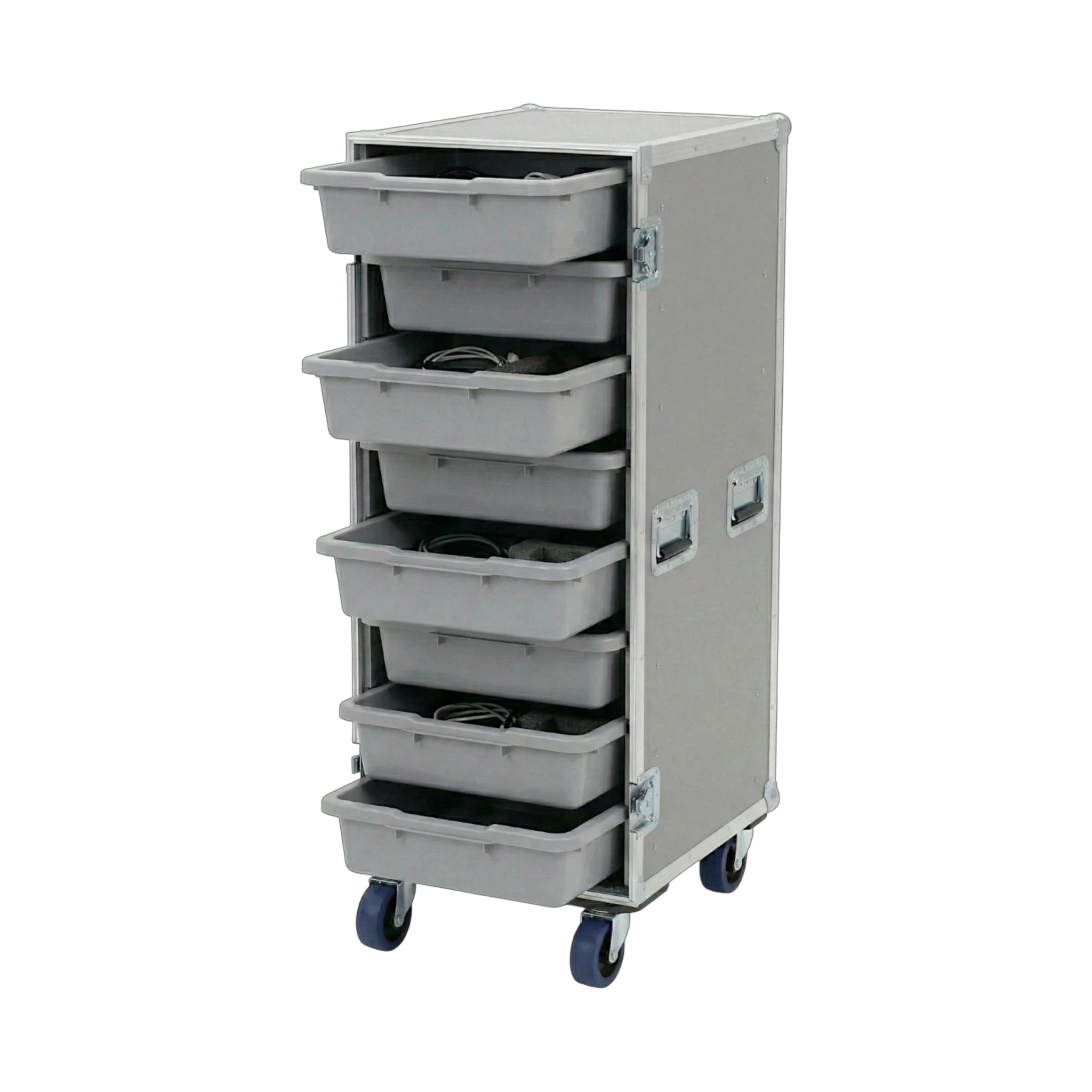 Gray 8 Small Tub Drawer ATA Case 3/8" Ply With Wheels, open view showing open tub drawers