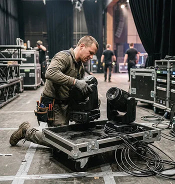 Person working on stage equipment in a theater setting
