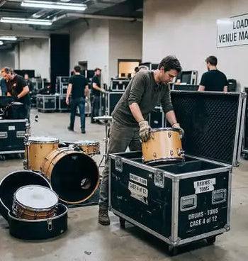 Person loading drums into a black road case in a warehouse setting.