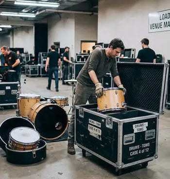 Person loading drums into a black road case in a warehouse setting.