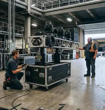 Two workers in a warehouse setting with large equipment and tools.