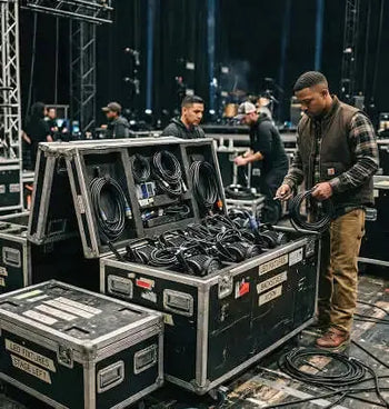 Staff working with stage equipment on a dark stage