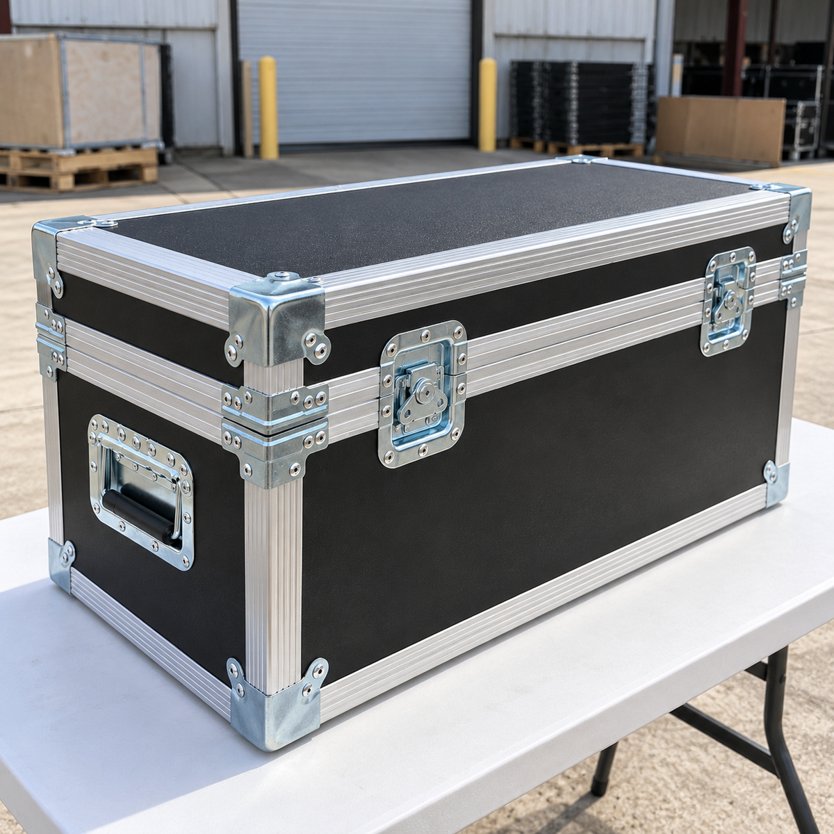 Black medium-duty ATA utility trunk case, closed angled view showing aluminum edging, recessed twist latches, and flat corners