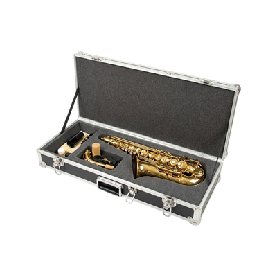 Open ATA flight case with an alto saxophone secured in a custom foam interior
