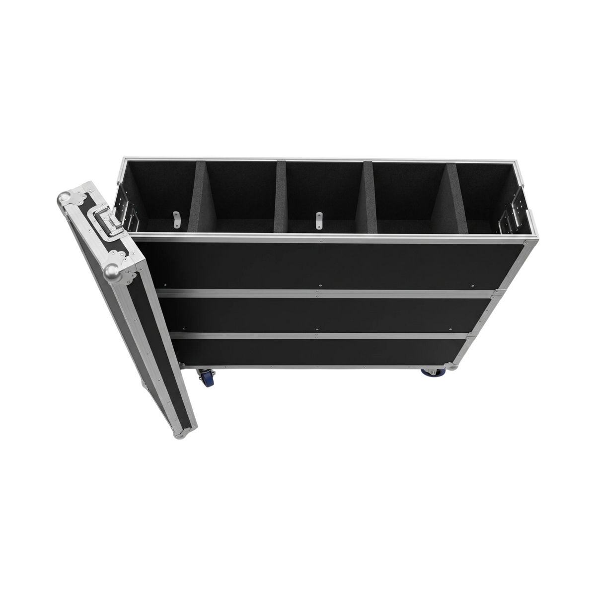 Black triple decker utility case, top angled view showing assembled case with open lid, foam dividers, and casters