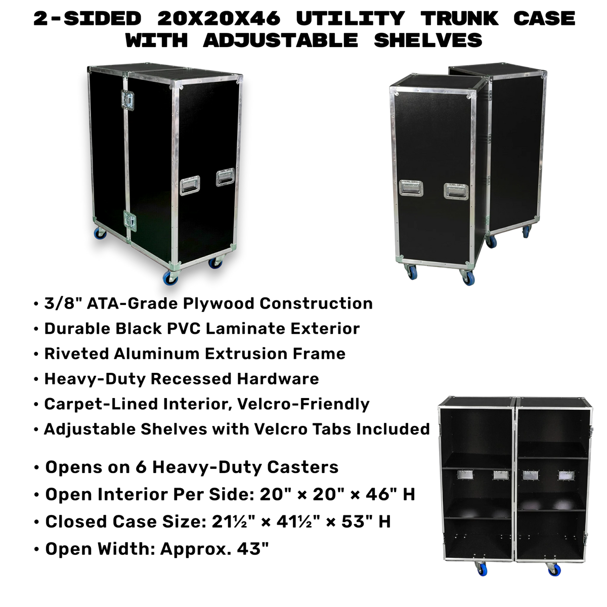 Black utility trunk case, product specification graphic displaying closed, split, and open interior views with listed dimensions and hardware features.