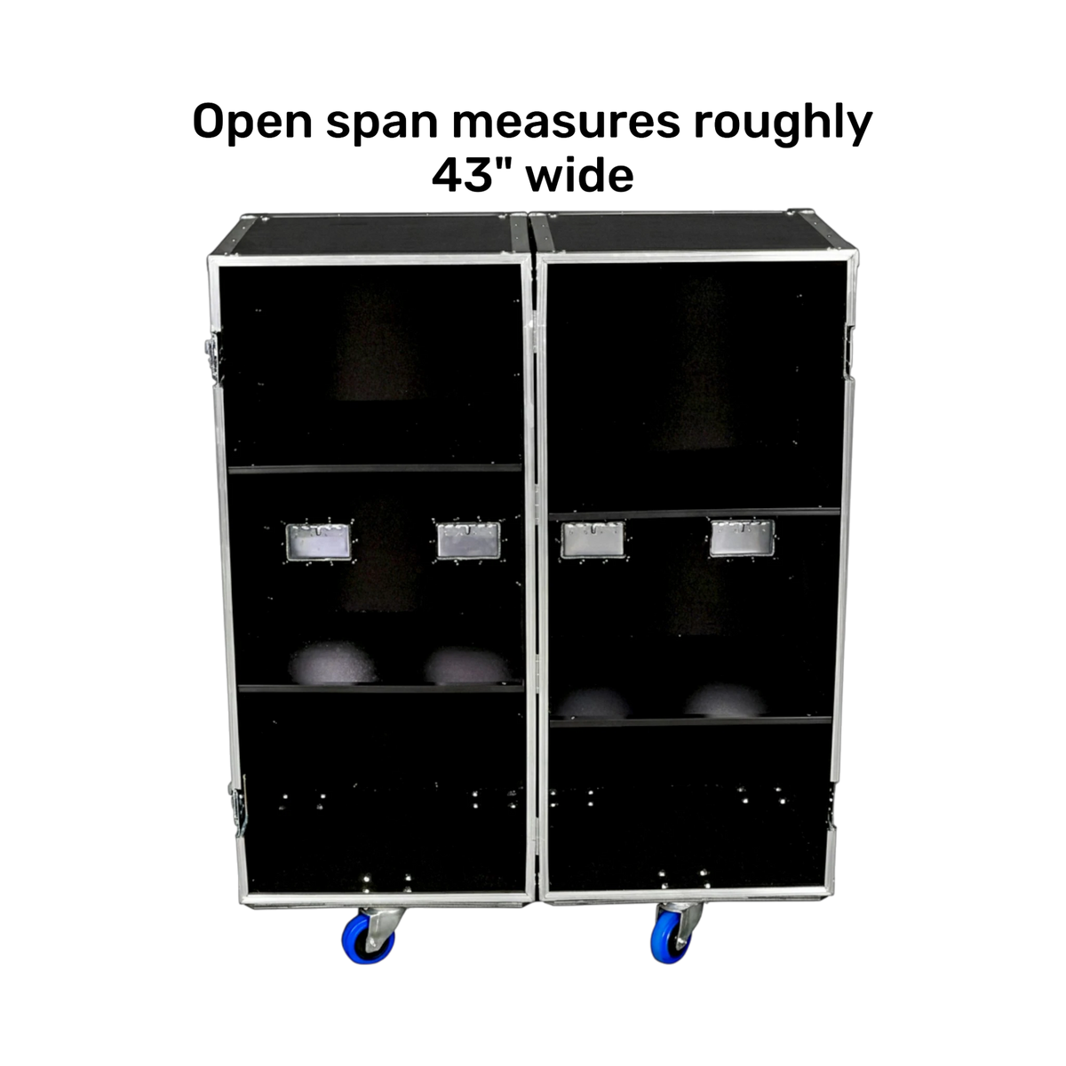 Black utility trunk case, open view showing adjustable shelves and 43-inch open span