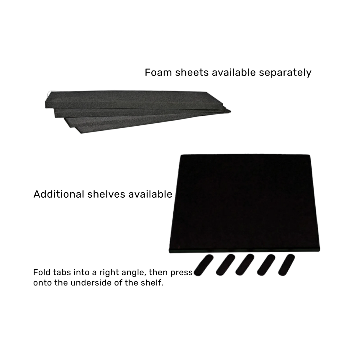 Black utility trunk case accessory graphic showing optional foam sheets, an additional shelf, and installation tabs.