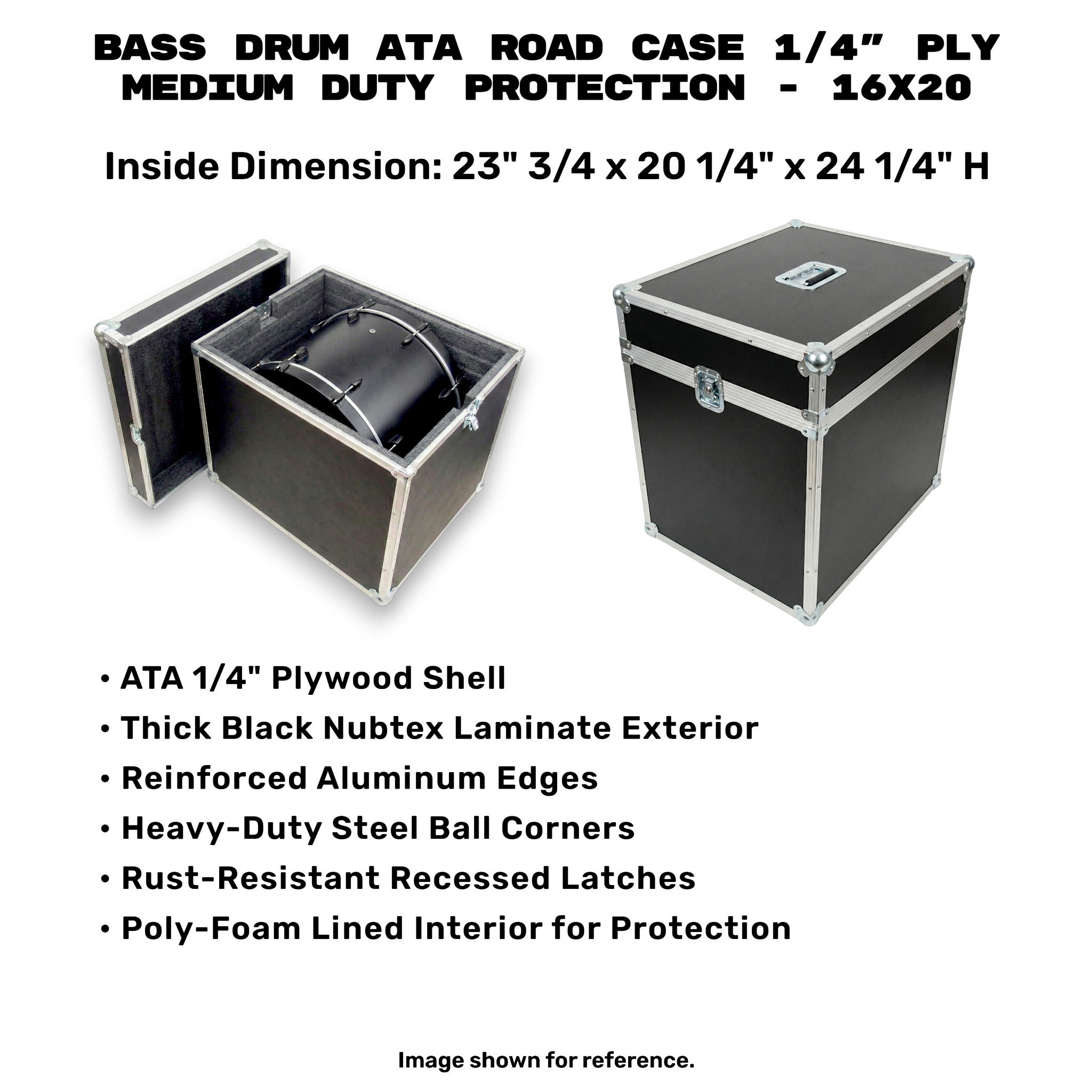 Bass Drum ATA Road Case 16x20 or 16x22 1/4" Ply Medium Duty Protection