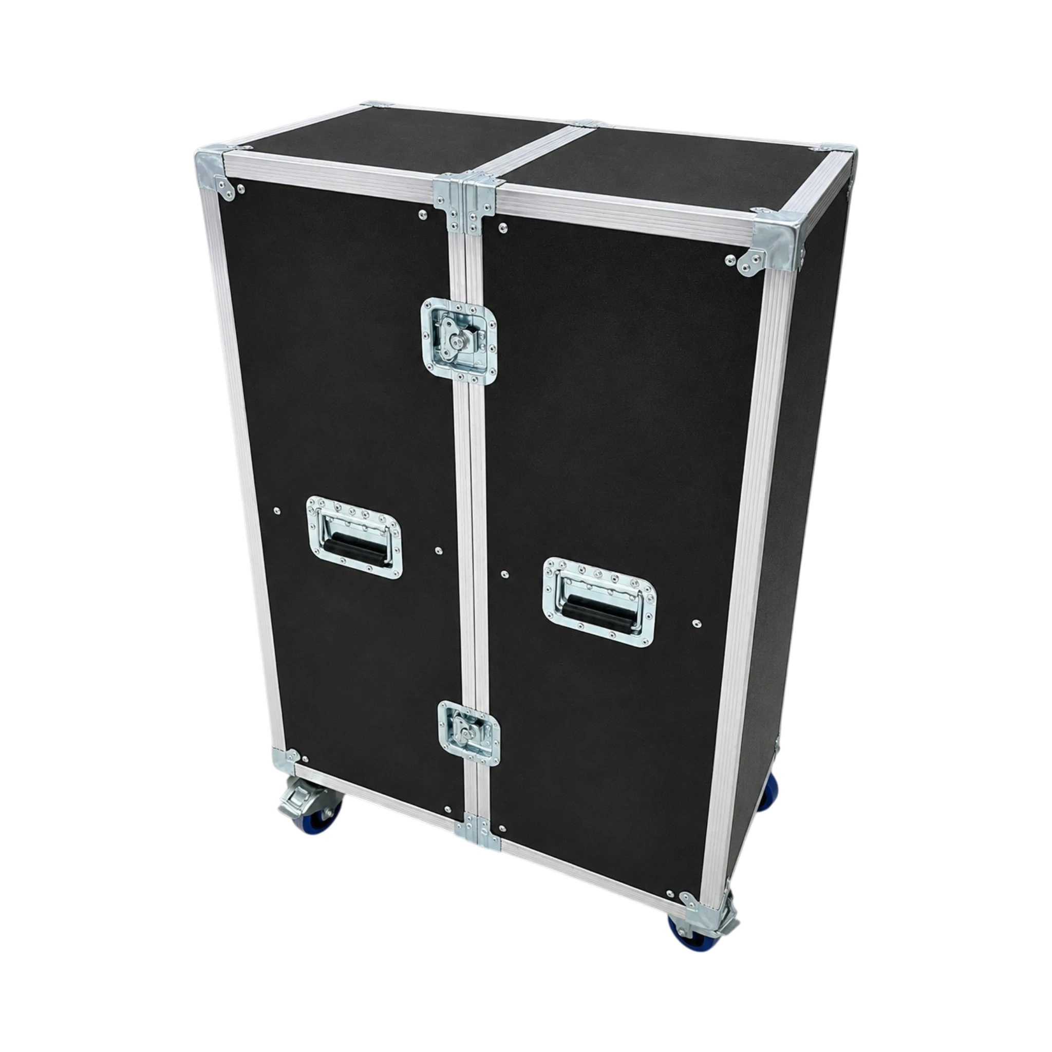 Black dual ATA drawer case, angled closed view showing recessed handles, latches, and caster wheels
