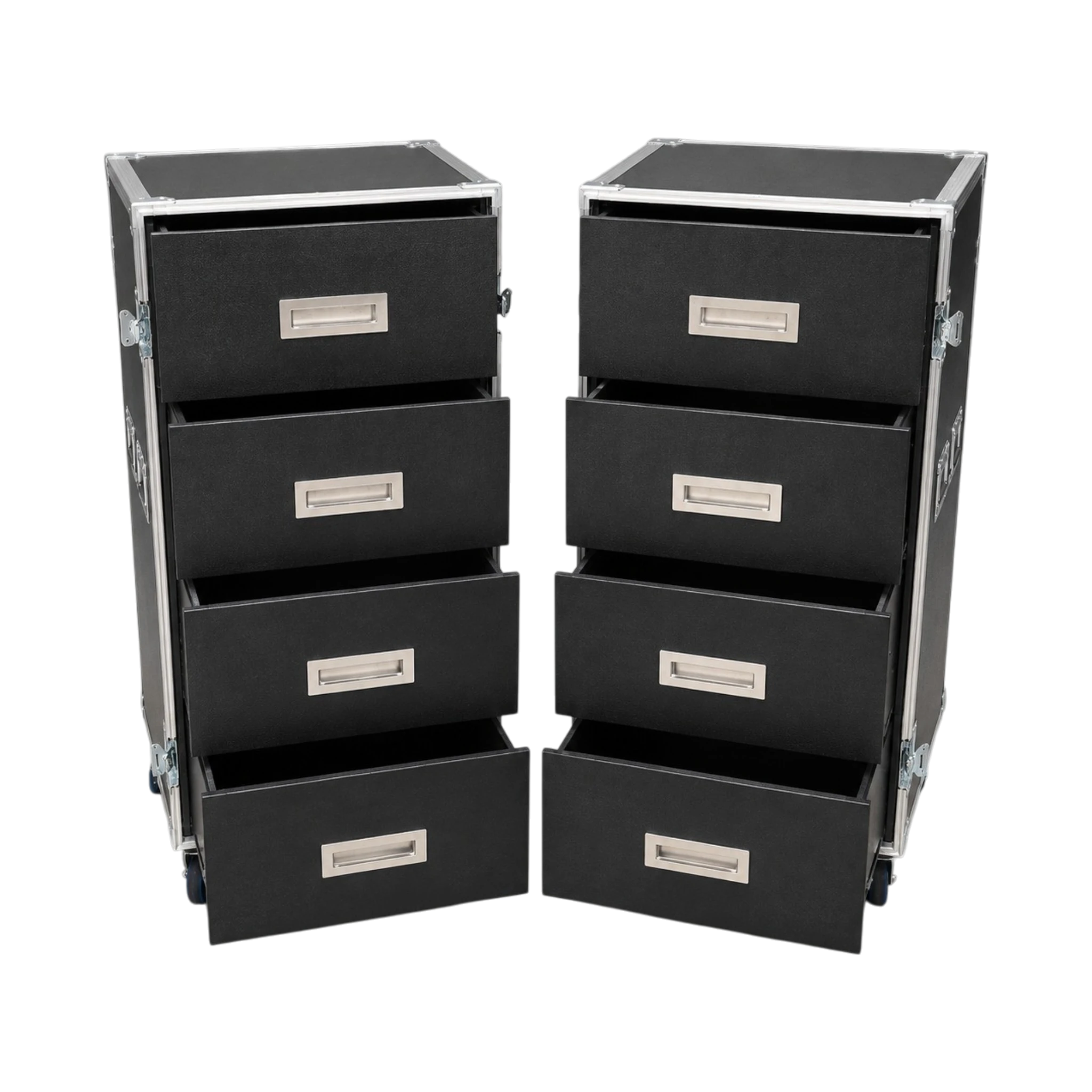 Black break-apart ATA drawer case, angled separated view showing fully extended open drawers and casters