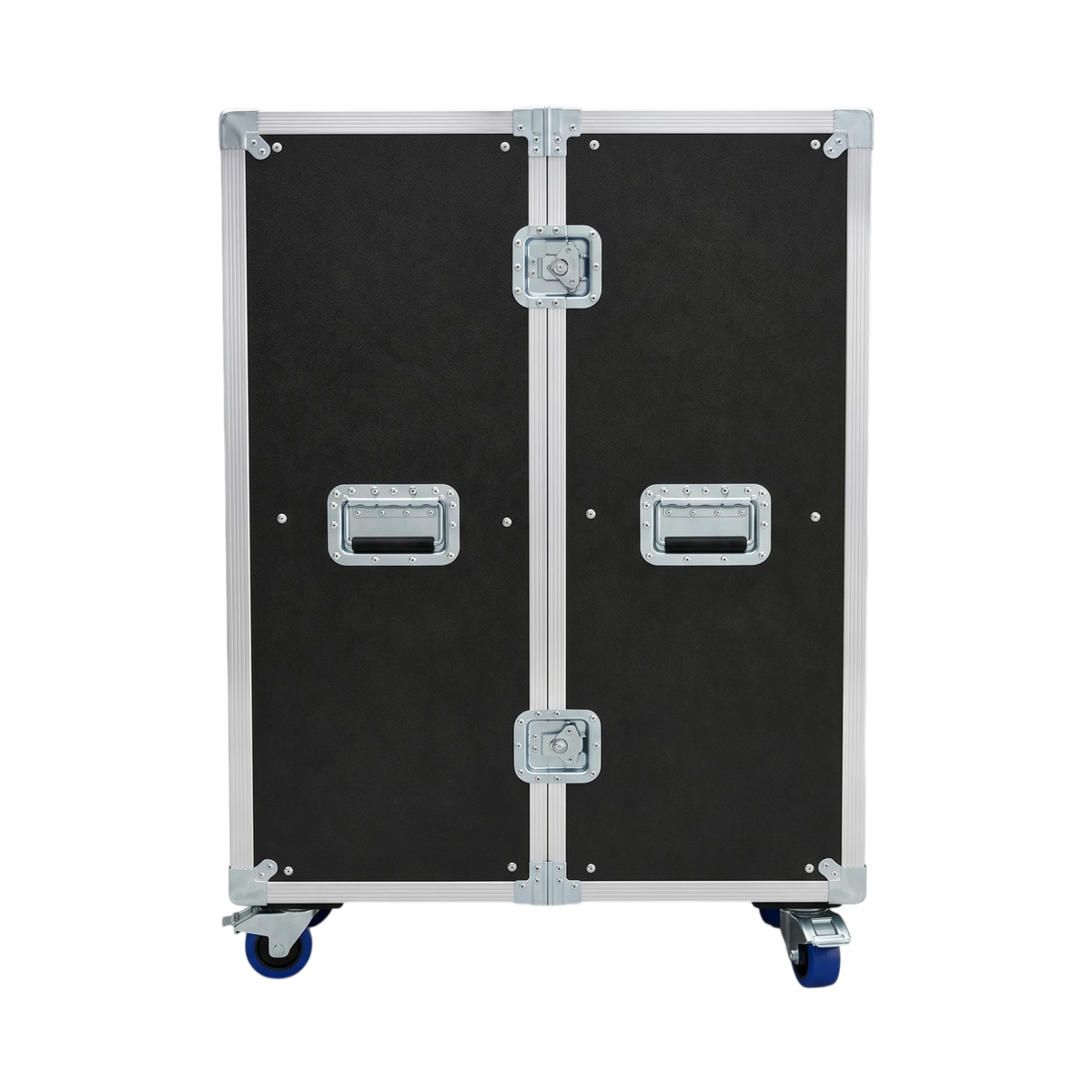 Black dual ATA drawer case, straight front closed view showing recessed handles, latches, and casters