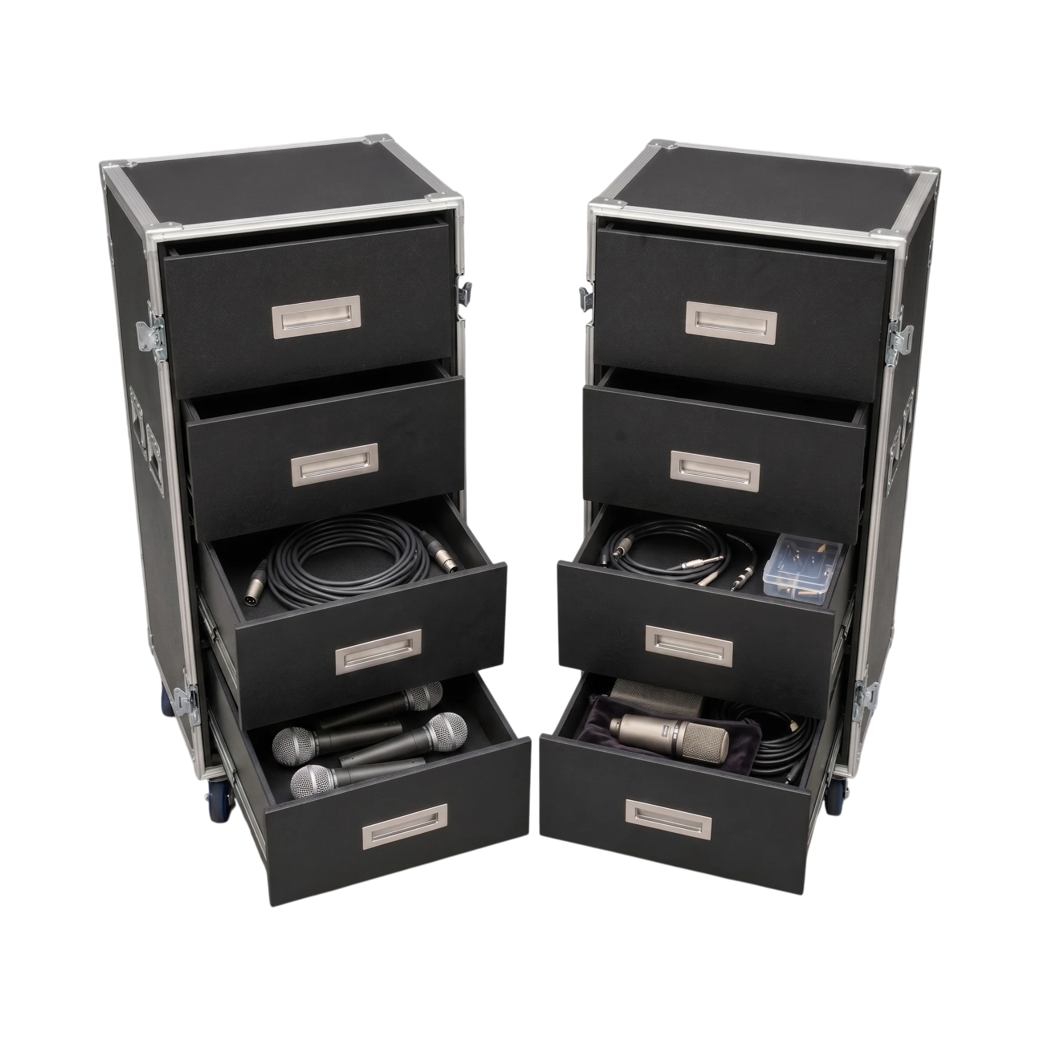 Black Break Apart Dual 4 Drawer ATA Case 3/8" Ply With Casters, angled separated view with open drawers containing equipment