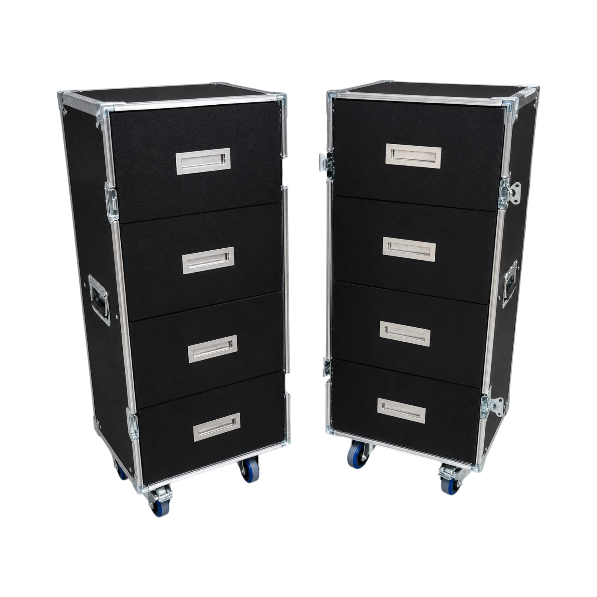 Black break-apart ATA drawer case, angled separated view showing closed drawers, side latches, and casters