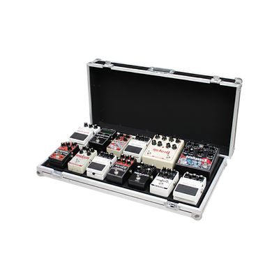 Black Custom Effect Pedal 3/8" Ply ATA Road Case, open front angled view showing pedals on board and foam-lined removable lid