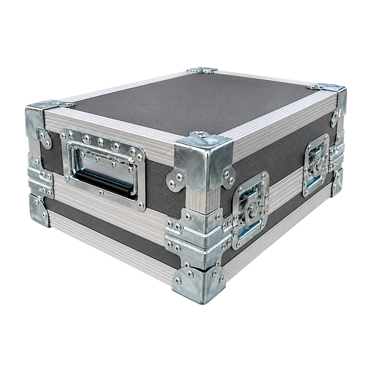 Gray custom effect pedal ATA case, closed angled view showing recessed handles, twist latches, and flat corners