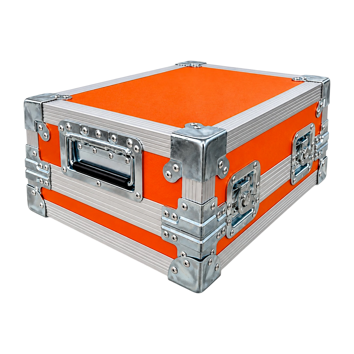 Orange custom effect pedal ATA case, closed angled view showing recessed handles, twist latches, and flat corners