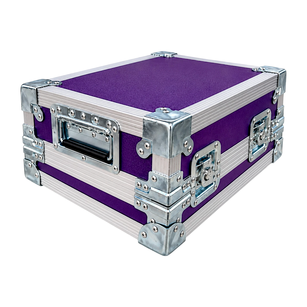 Purple custom effect pedal ATA case, closed angled view showing recessed handles, twist latches, and flat corners