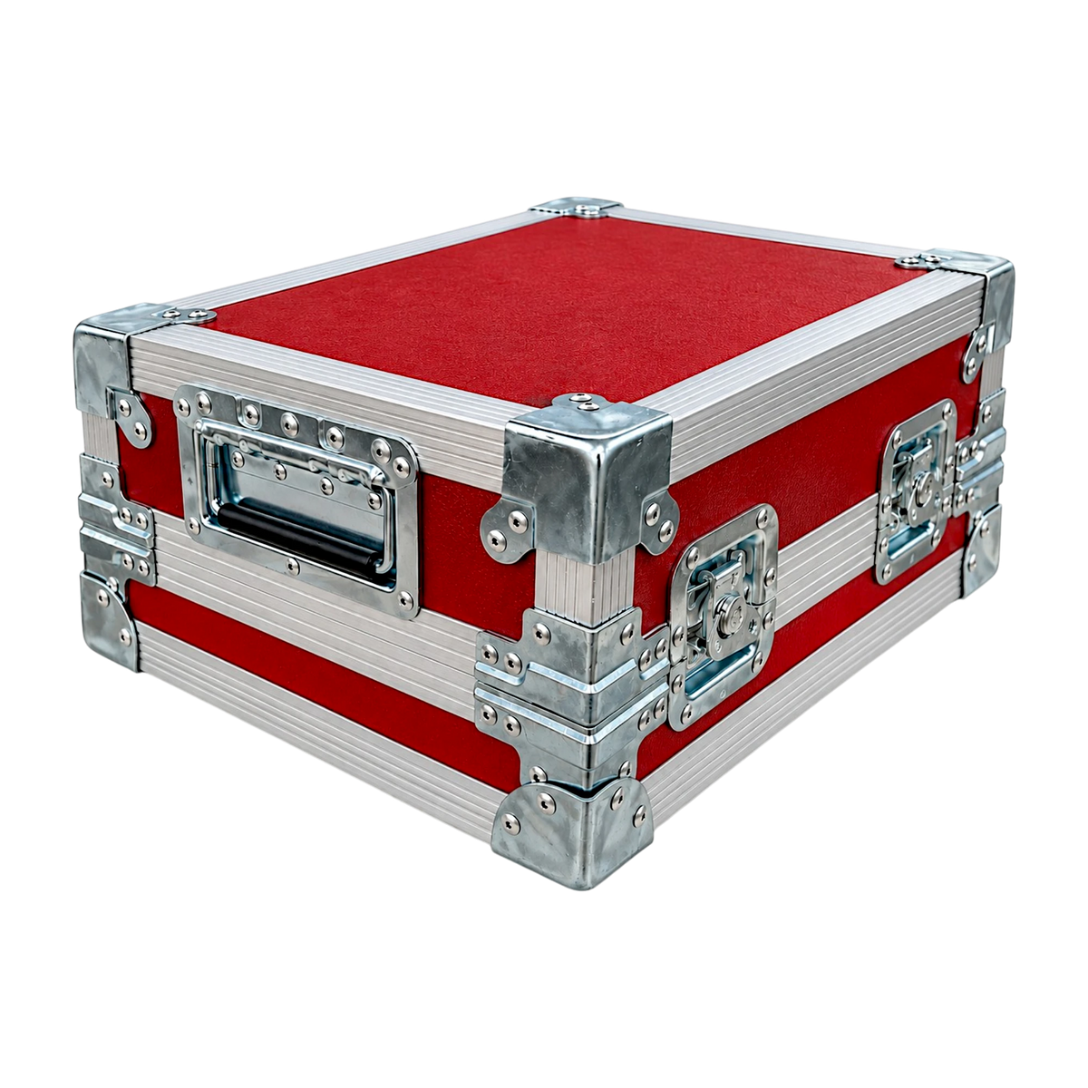 Red custom effect pedal ATA case, closed angled view showing recessed handles, twist latches, and flat corners