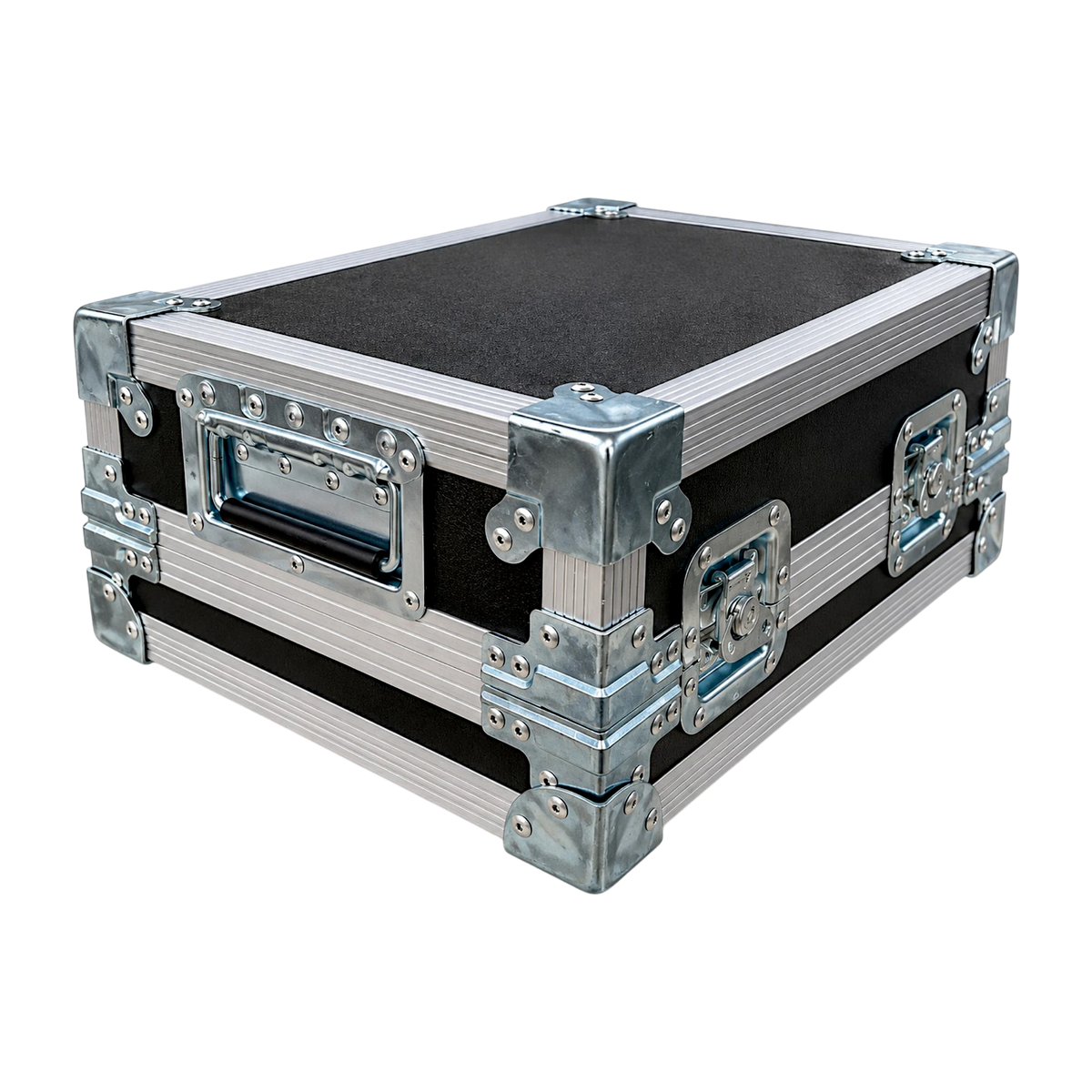 Black custom effect pedal ATA case, closed angled view showing recessed spring handles, latches, and heavy-duty flat corners