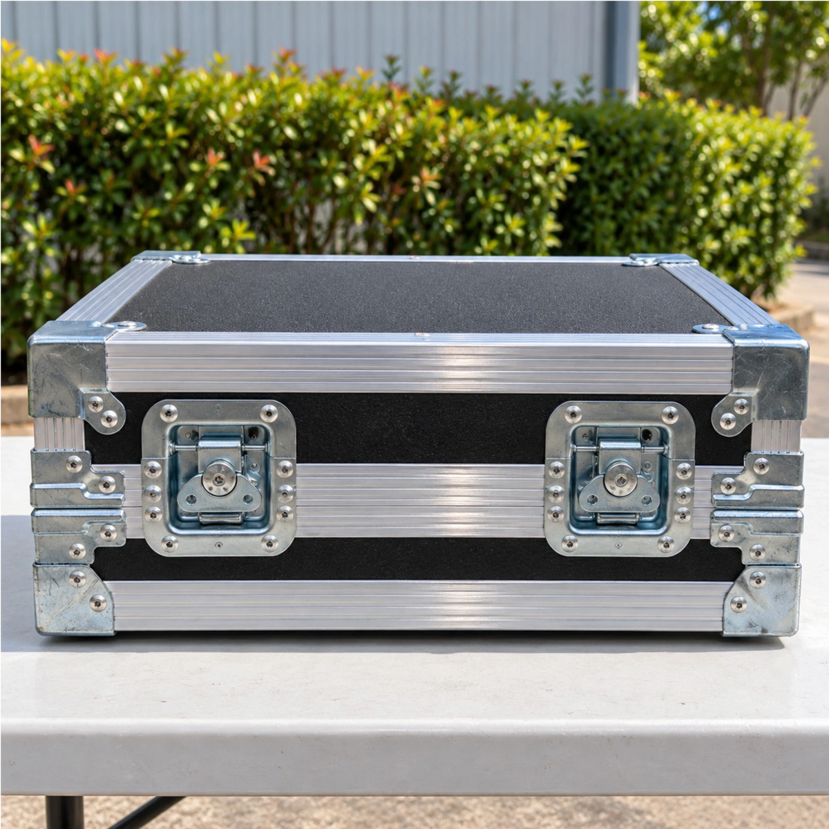 Black custom effect pedal ATA case, closed front view showing dual recessed twist latches and aluminum extrusion trim