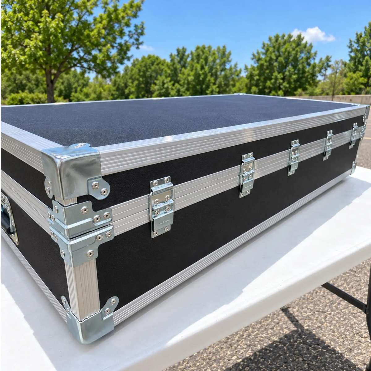 Black custom keyboard ATA case, closed rear angled view showing stop hinges, corner hardware, and aluminum edging