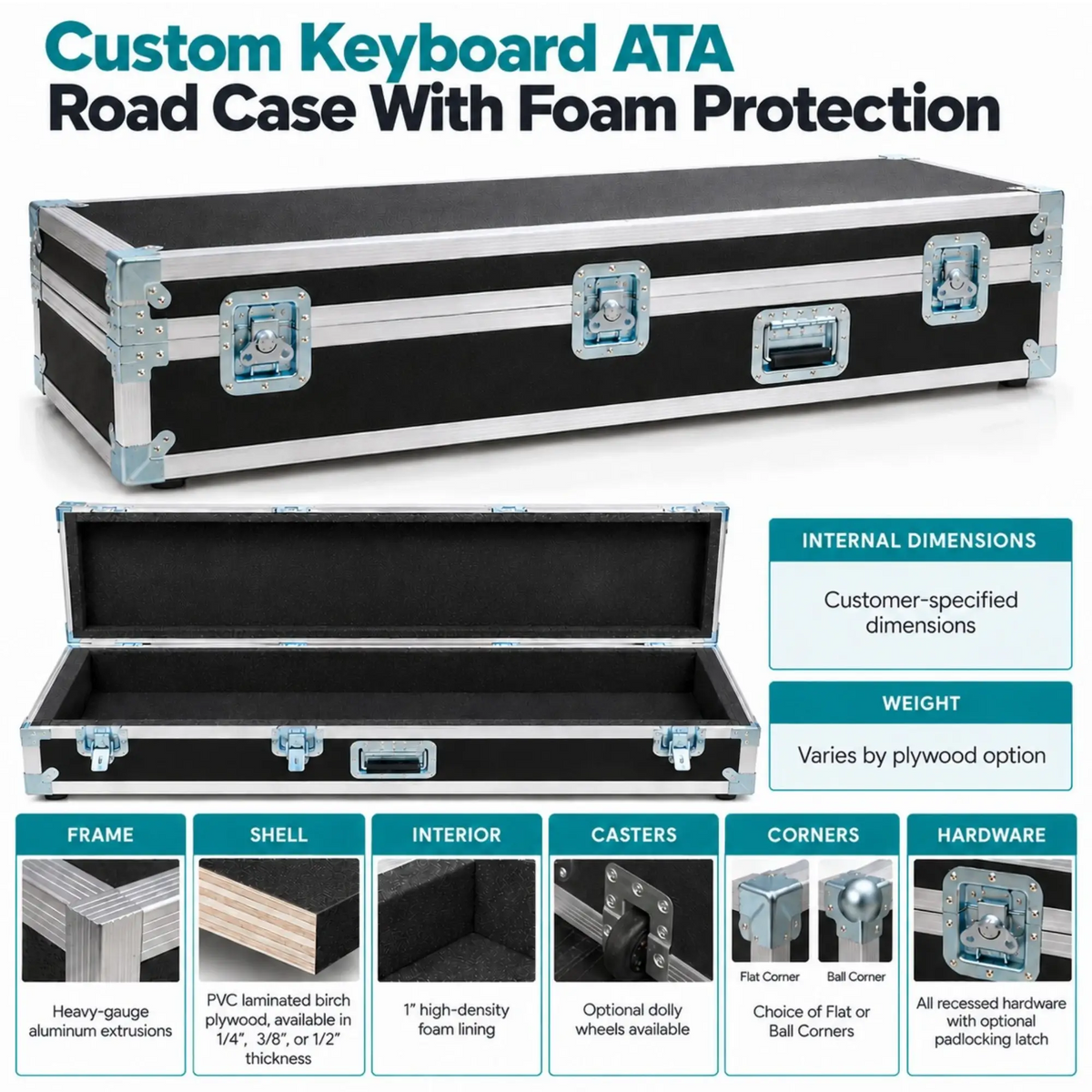 Custom keyboard ATA road case infographic showing custom foam lining, plywood shell, hardware specs, and dimensions
