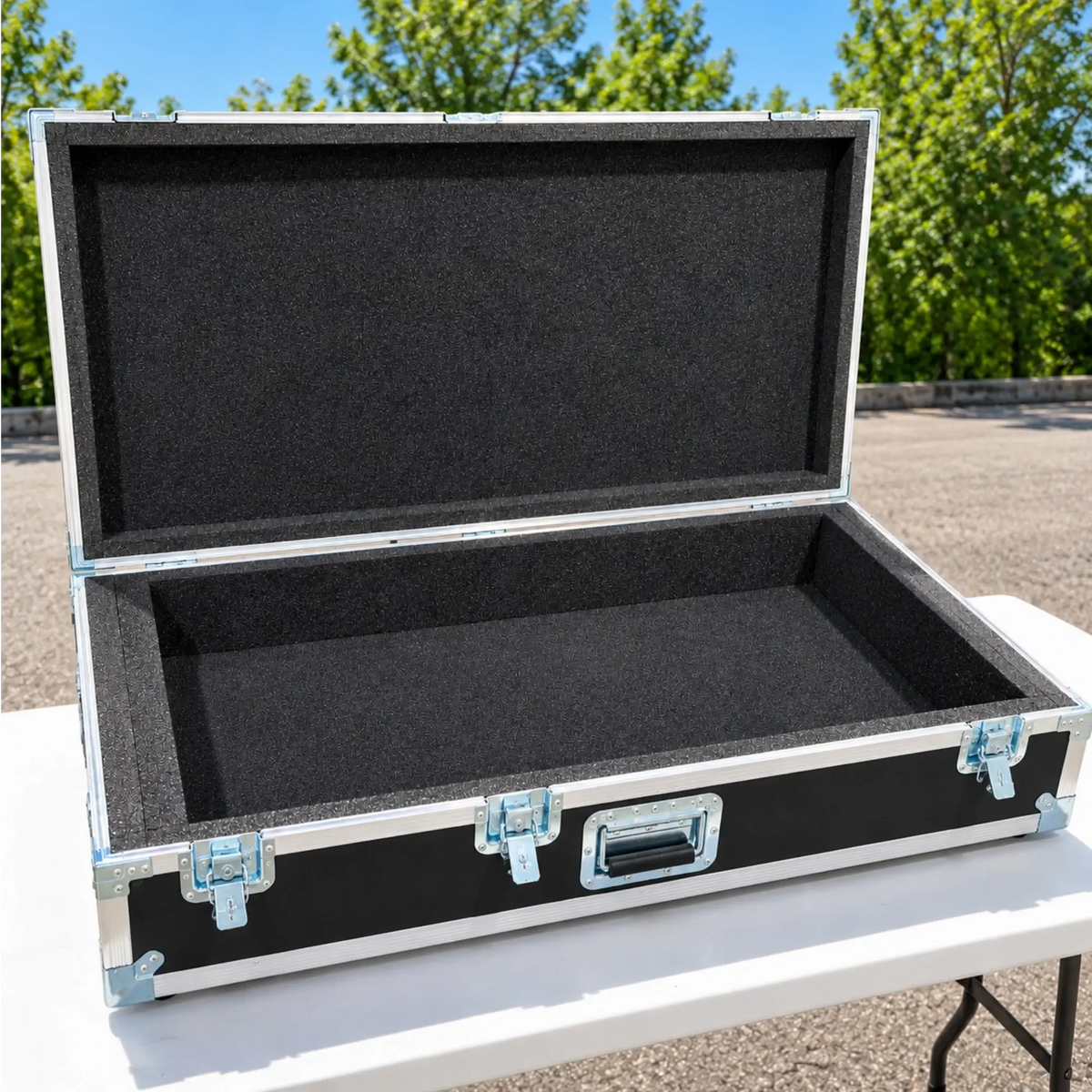 Black custom keyboard ATA case, open front view showing plush foam-lined base and protective lid foam