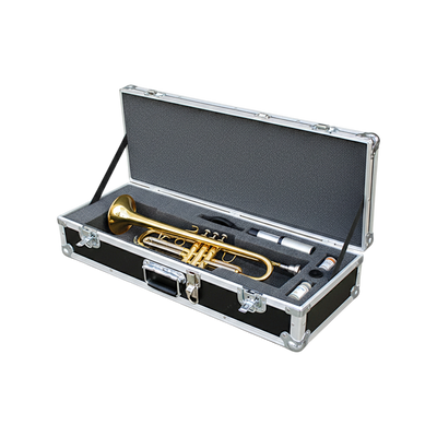 Open ATA flight case with a Gladstone trumpet secured in a custom foam interior