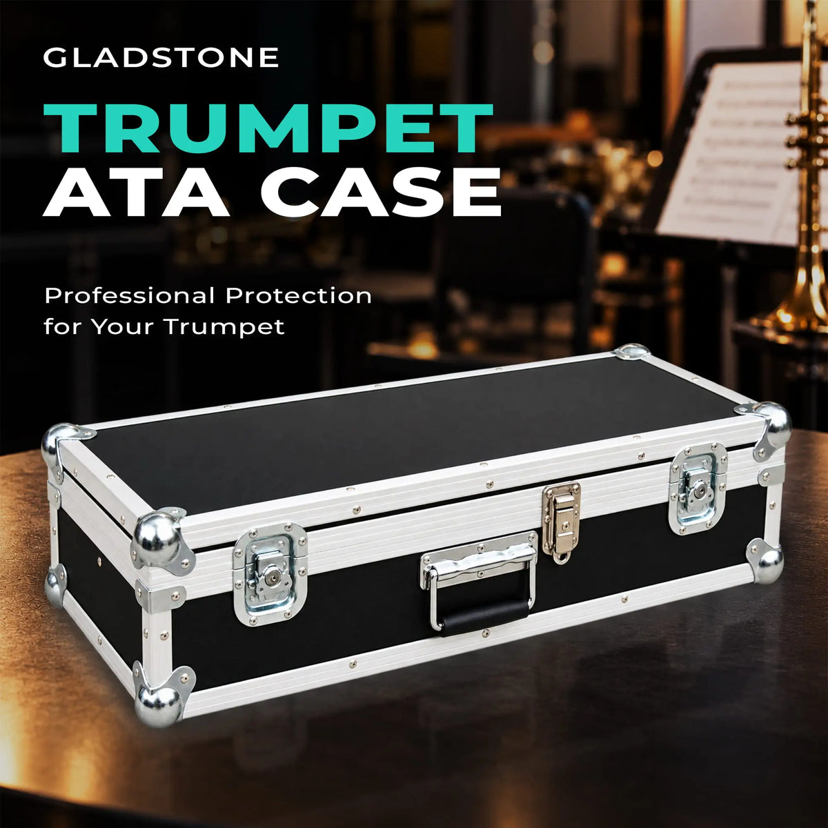 Gladstone trumpet ATA road case, closed angled view displaying latches, handle, and ball corners