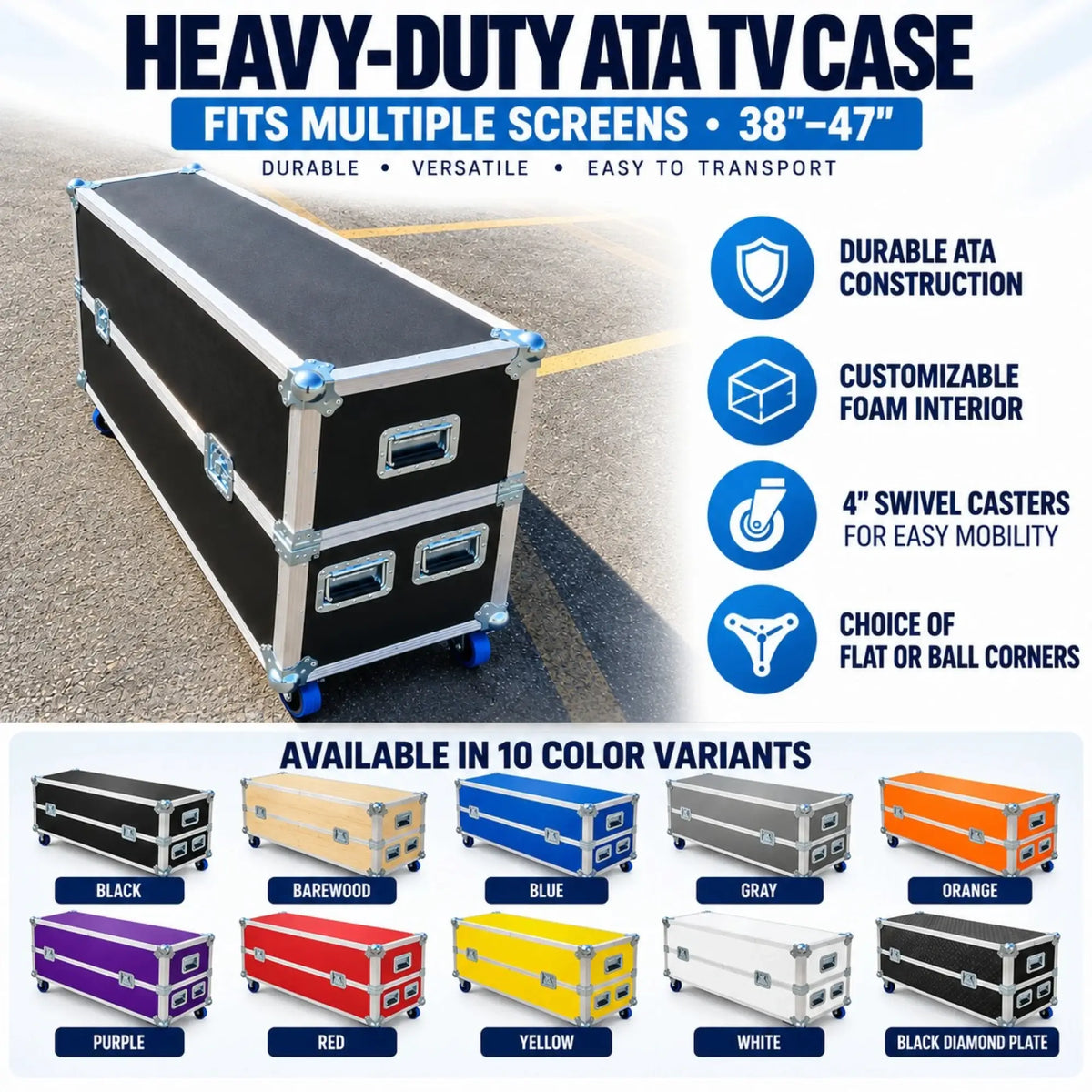 Heavy-duty 38"- 47" ATA TV case infographic highlighting customizable foam interior, swivel casters, and 10 color variants