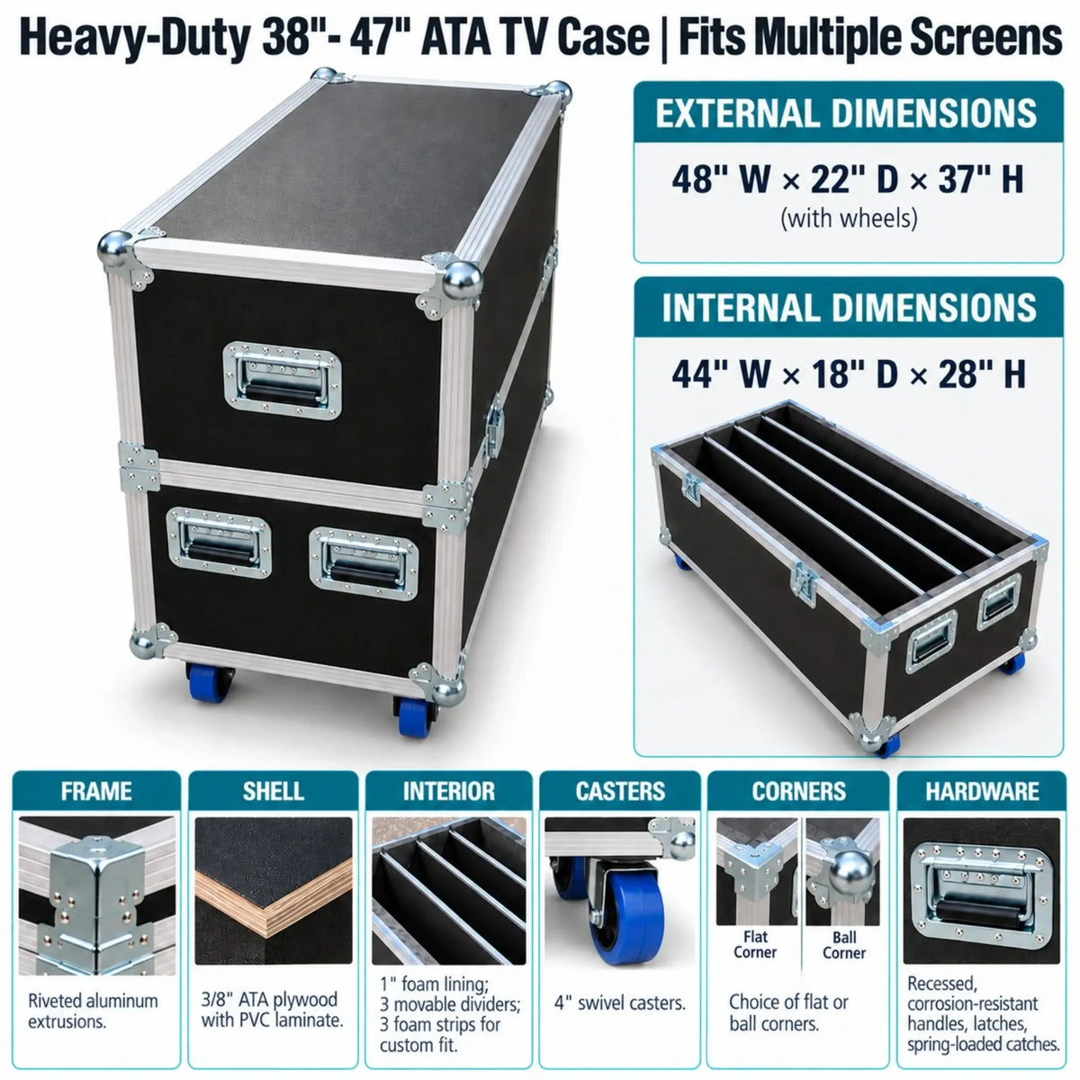 Black Heavy-Duty 38"- 47" ATA TV Case Fits Multiple Screens dimension and hardware specification infographic