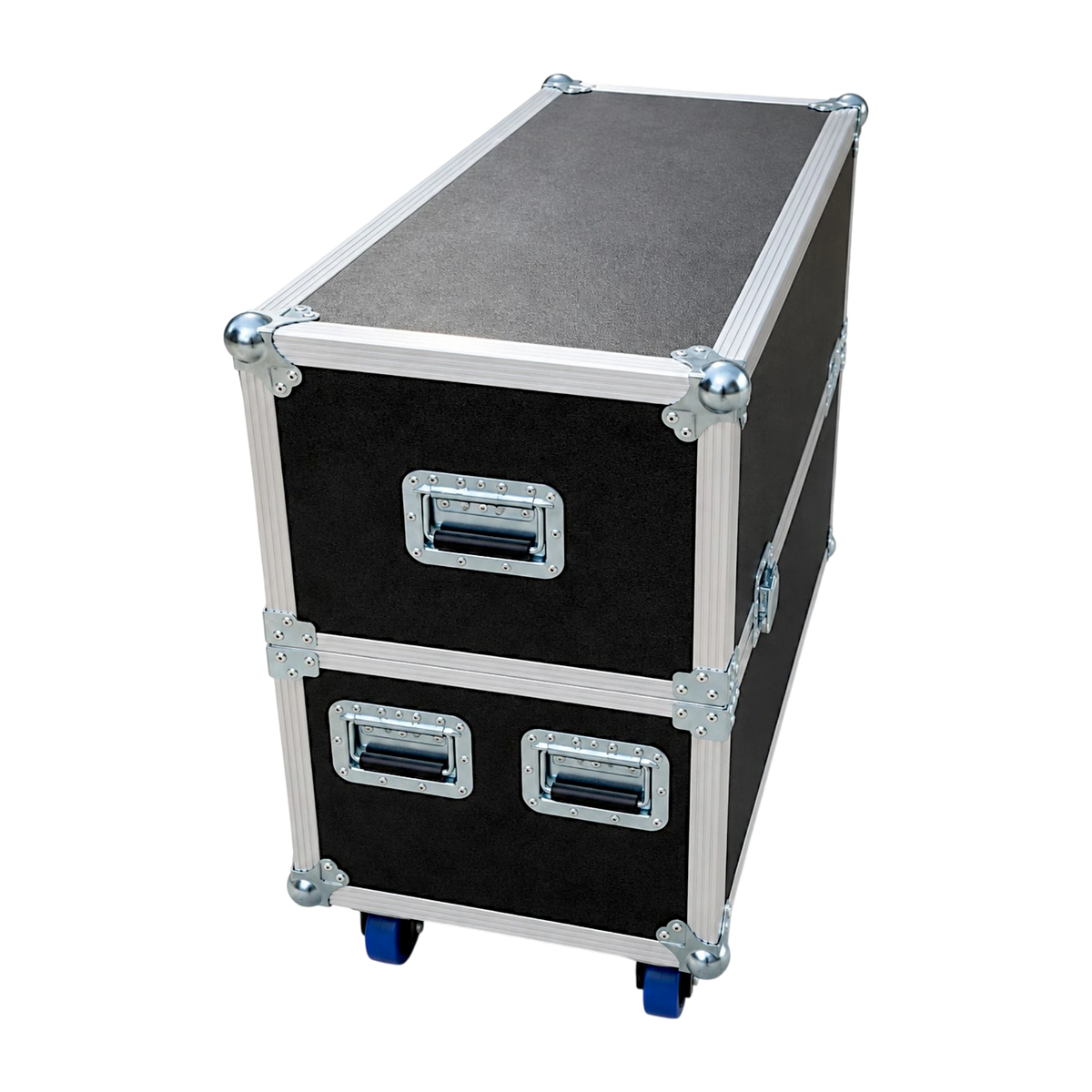 Black Heavy-Duty 38"- 47" ATA TV Case Fits Multiple Screens, closed angled view showing recessed handles and blue casters