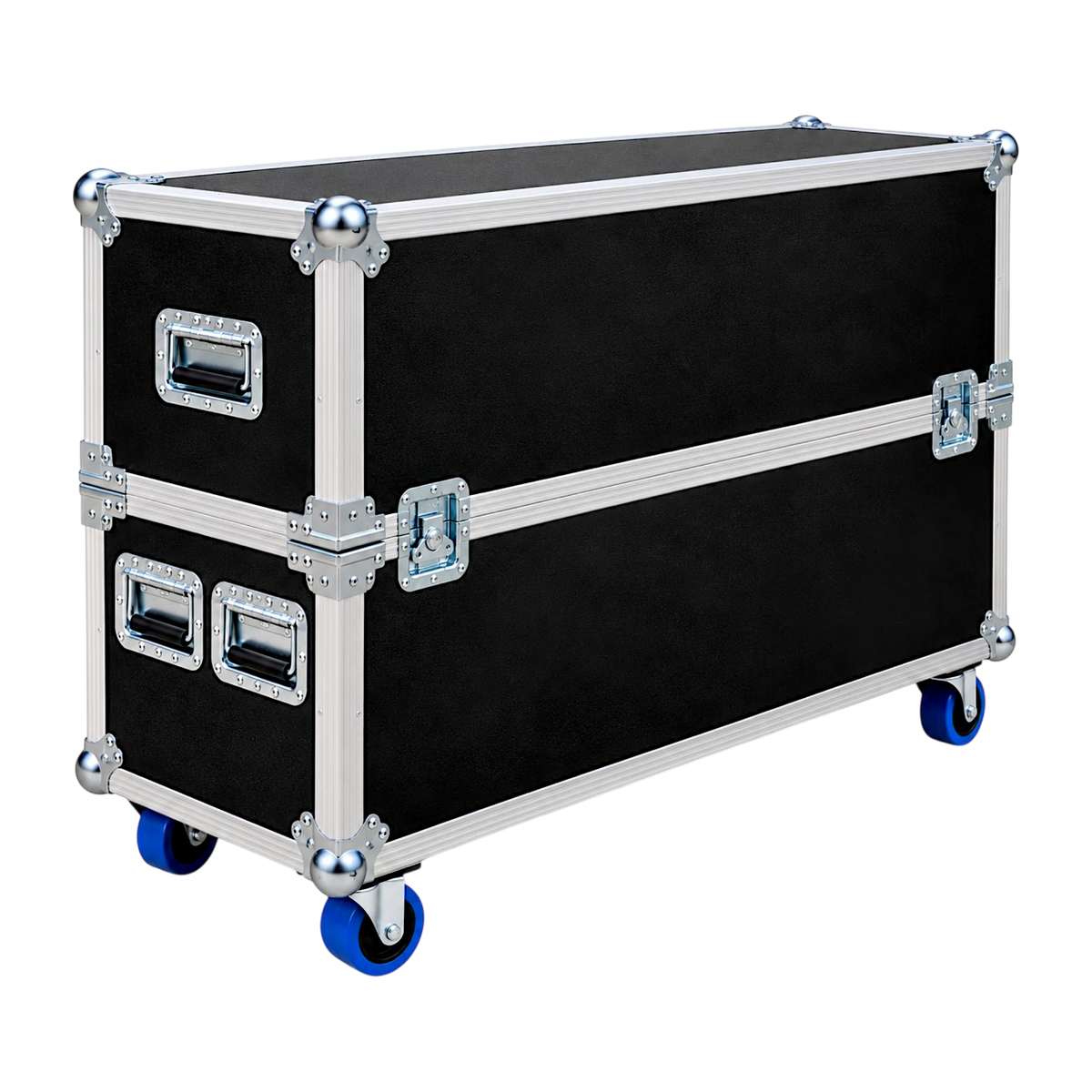 Black Heavy-Duty 38"- 47" ATA TV Case Fits Multiple Screens, closed angled view showing recessed handles and blue casters